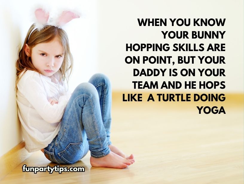 Young-girl-with-bunny-ears-looking-frustrated-at-outdoor-Easter-games-with-text-about-hopping-skills-and-dad-hopping-like-a-turtle.