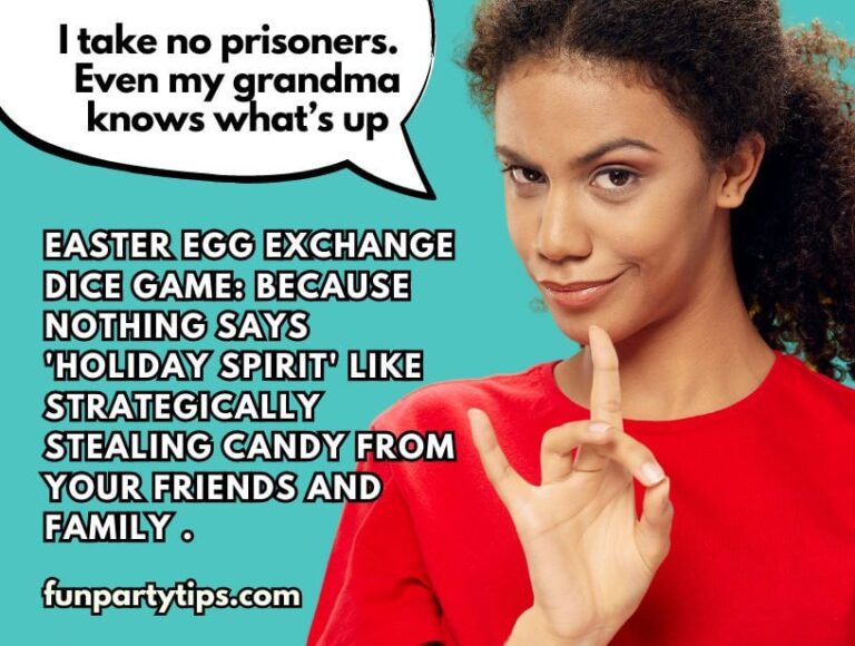 Confident-woman-in-red-top-gesturing-a-peace-sign-at-an-Easter-egg-exchange-dice-game-about-strategically-stealing-candy