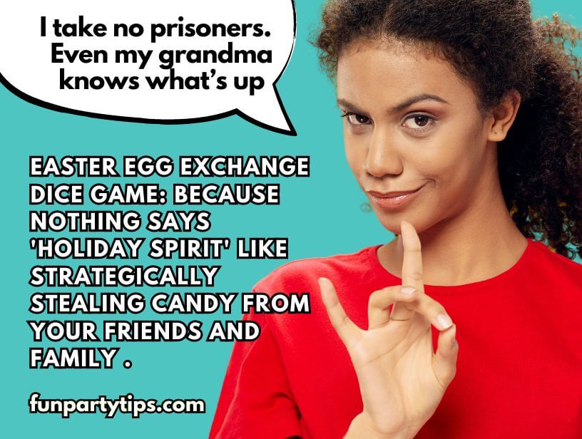 Confident-woman-in-red-top-gesturing-a-peace-sign-at-an-Easter-egg-exchange-dice-game-about-strategically-stealing-candy