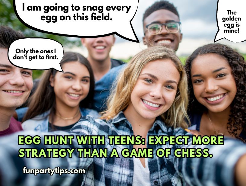 A-group-of-enthusiastic-teens-prepares-for-an-Easter-egg-hunt-in-a-field,-exchanging-playful-challenges-and-asserting-claims-to-the-golden-egg,-ready-to-enjoy-some-Easter-fun-for-teens." Alt-text for "Egg-Quillibrium.jpg": "A-teen-girl-looks-astonis
