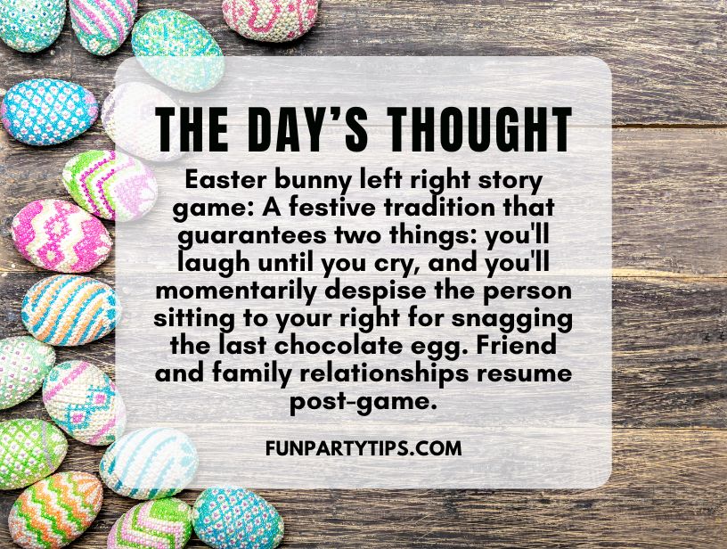 Colorful-Easter-eggs-on-wooden-background-with-text-about-Easter-bunny-left-right-story-game-and-family-fun.