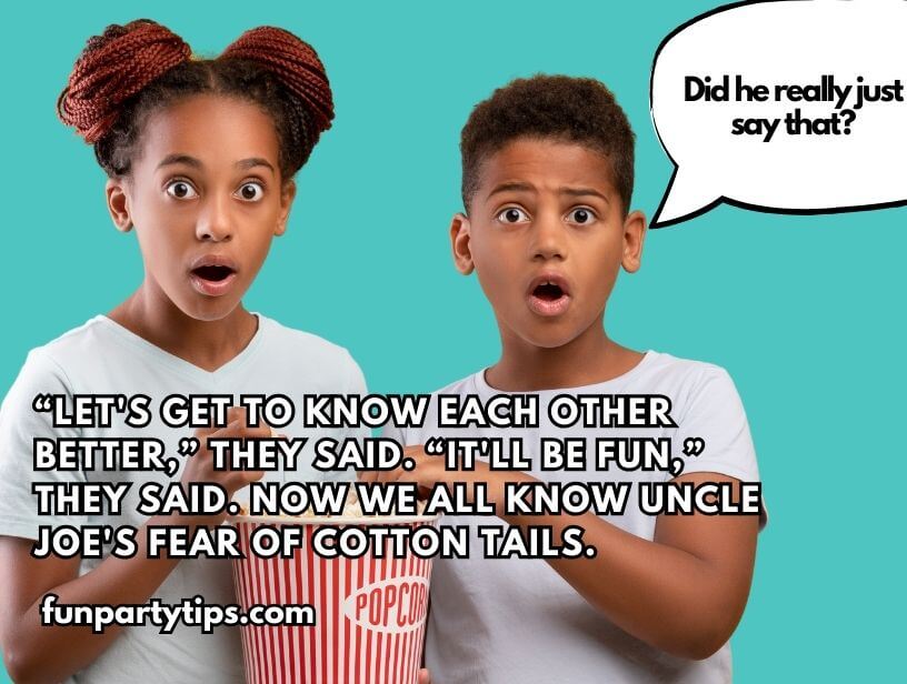 Two-children-with-surprised-faces-and-a-speech-bubble-saying-'Did-he-really-just-say-that?'-overlaid-with-text-that-humorously-reflects-on-an-easter-icebreaker-activity-revealing-uncle-joe's-fear-of-cotton-tails