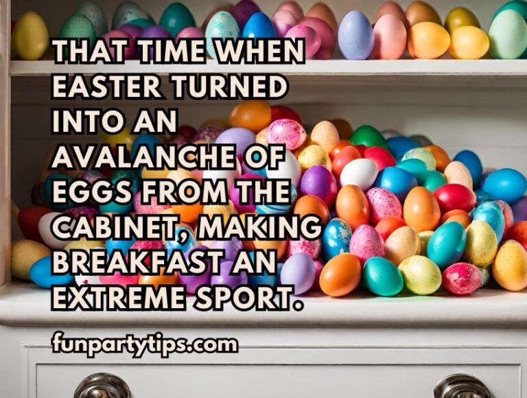 A-cabinet-overflowing-with-colorful-easter-eggs-spilling-out-onto-a-white-surface,-with-a-caption-illustrating-the-surprise-and-fun-of-an-easter-egg-prank-that-turns-a-simple-breakfast-into-an-extreme-sport