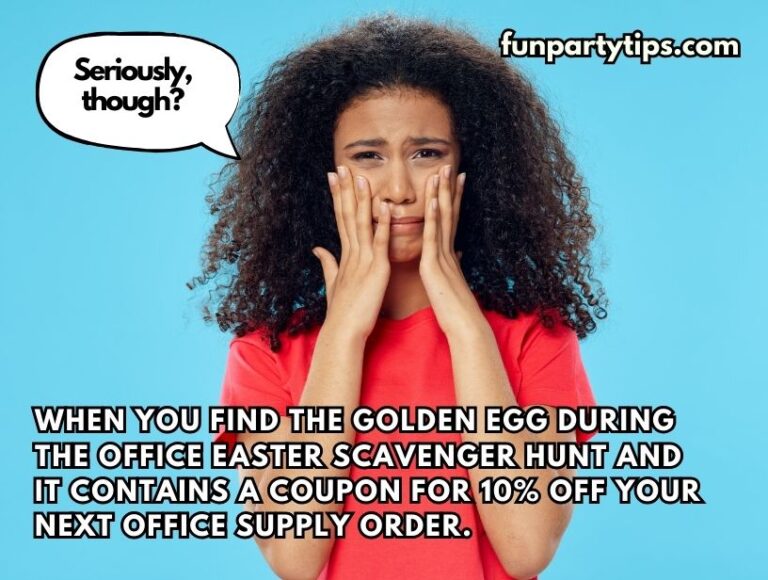 A-woman-expresses-disappointment-with-hands-on-cheeks-upon-finding-a-golden-egg-with-a-10%-office-supply-discount-during-an-office-Easter-scavenger-hunt,-suggesting-the-prize-was-less-exciting-than-hoped