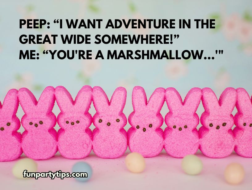 Pink-peeps-arranged-for-a-tactical-game-with-plastic-eggs,-a-humorous-take-on-easter-games-with-peeps