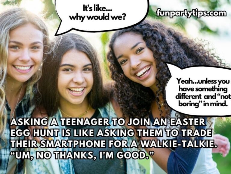 Three-teenage-girls-smiling-together-with-speech-bubbles-expressing-reluctance-to-traditional-easter-egg-hunt-ideas-for-teens-comparing-it-to-exchanging-smartphones-for-walkie-talkies.