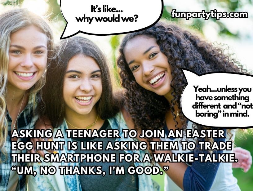 Three-teenage-girls-smiling-together-with-speech-bubbles-expressing-reluctance-to-traditional-easter-egg-hunt-ideas-for-teens-comparing-it-to-exchanging-smartphones-for-walkie-talkies.