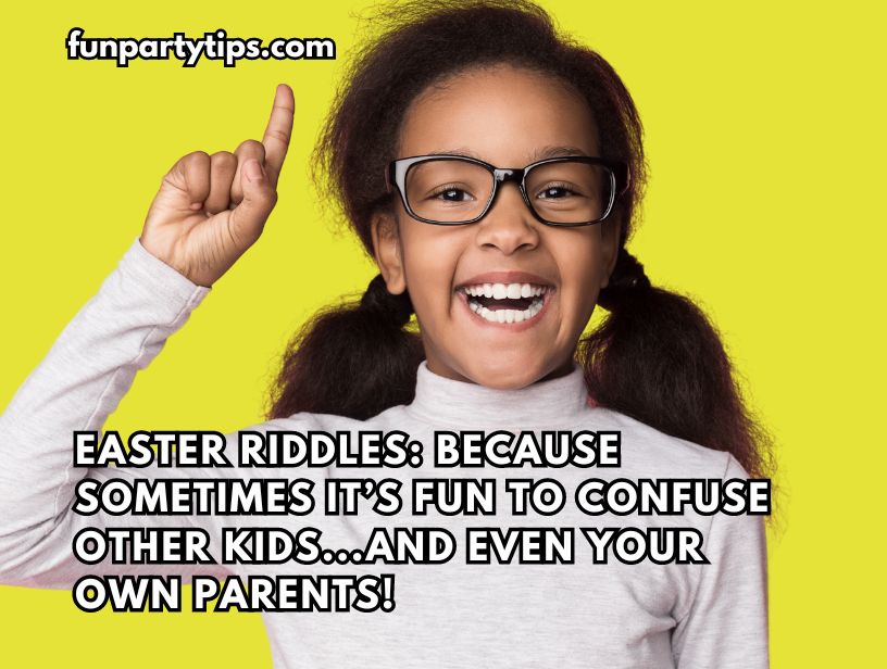 Cheery-young-girl-pointing-upwards-with-a-bright-smile,-with-text,-"Easter-riddles:-Because-sometimes-it’s-fun-to-confuse-other-kids...and-even-your-own-parents!"-implying-the-playful-nature-of-Easter-riddles-for-kids.