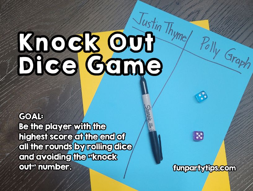 Two-dice-and-black-marker-on-yellow-and-blue-score-sheets-for-knock-out-dice-game-with-text-instructions.