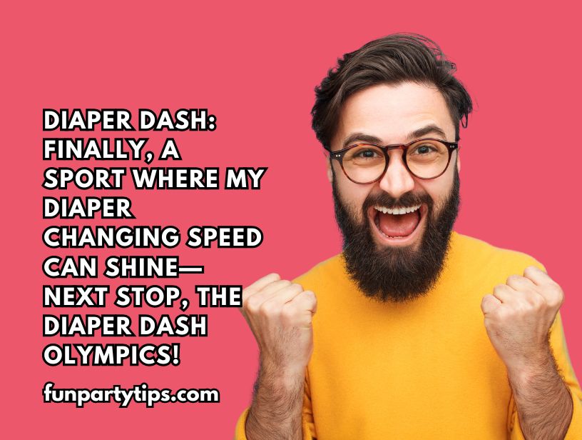 Man-in-yellow-sweater-with-glasses-raising-fists-in-excitement-against-pink-background-with-text-celebrating-Diaper-Dash-as-part-of-Mother's-Day-minute-to-win-it-games.