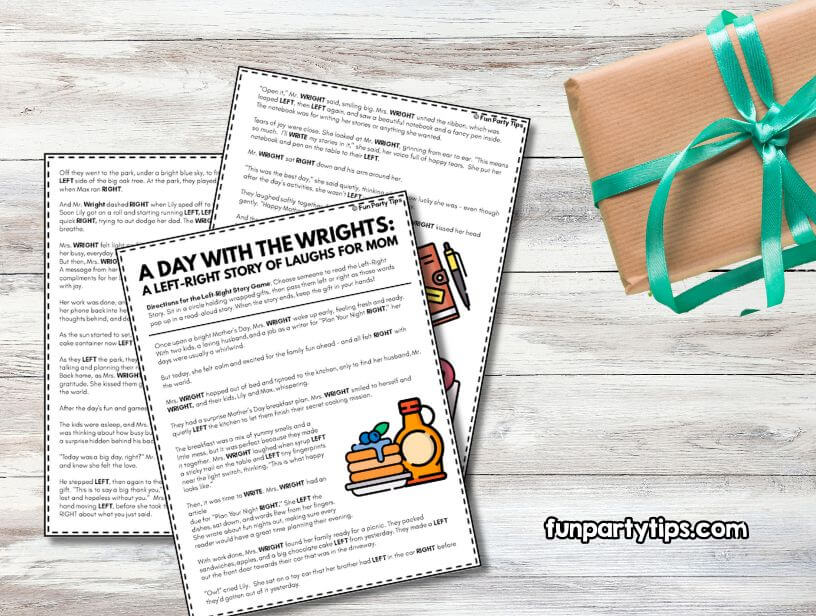 Printed-sheets-of-a-mother's-day-left-right-story-game-titled-"A-Day-With-The-Wrights,"-laid-on-a-wooden-surface-next-to-a-wrapped-gift-with-a-green-ribbon,-indicating-preparation-for-a-fun-Mother's-Day-activity
