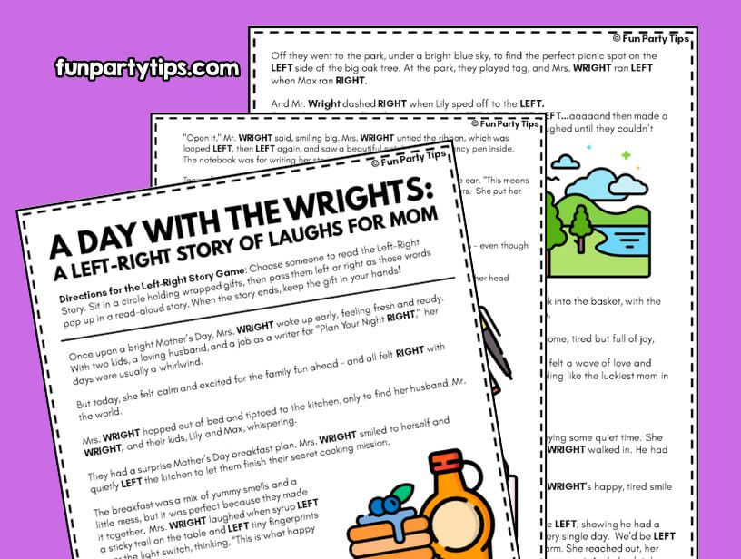 An-illustrated-excerpt-from-a-mother's-day-left-right-story-titled-"A-Day-With-The-Wrights"-with-purple-highlights-and-instructions-on-how-to-play,-set-against-a-cartoon-style-background