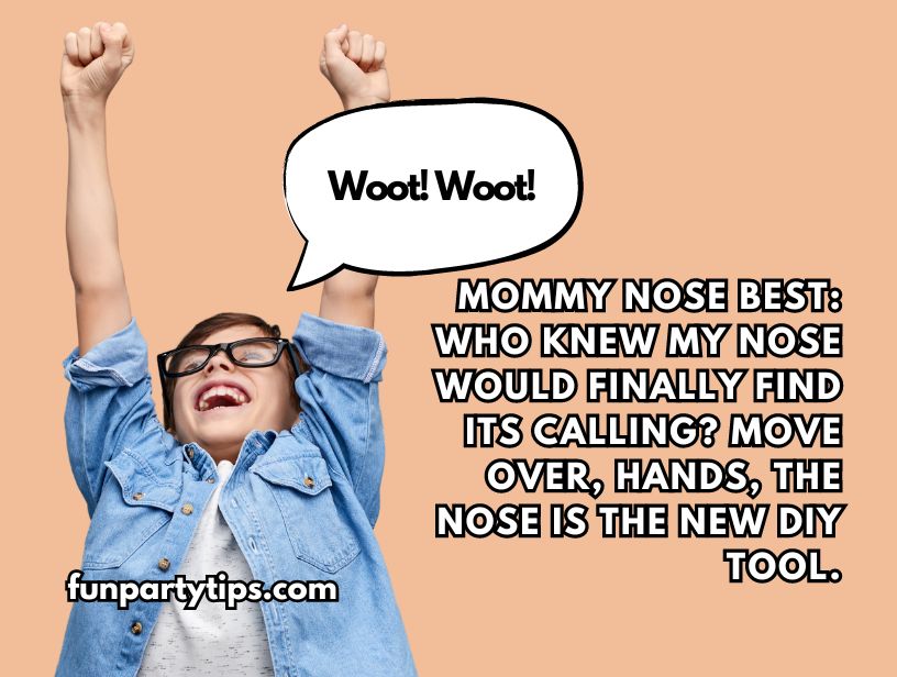 Child-in-denim-shirt-raising-arms-excitedly-with-speech-bubble-text-about-nose-using-skills-in-Mommy-Nose-Best-game-of-Mother's-Day-minute-to-win-it-challenges.