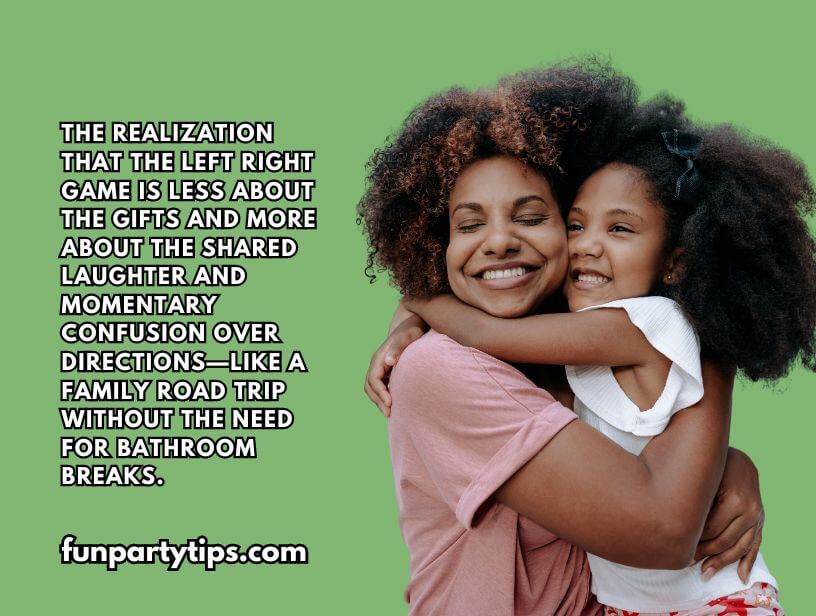 A-smiling-woman-embracing-a-happy-young-girl,-with-a-green-background-and-text-from-funpartytips.com-about-the-realization-that-the-left-right-game-is-more-about-laughter-than-gifts,-comparing-it-to-a-confusion-free-road-trip.