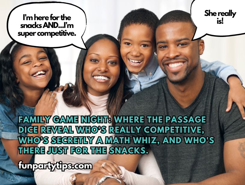 Smiling-family-engaged-in-passage-dice-game-revealing-competitive-spirit-and-love-for-snacks.