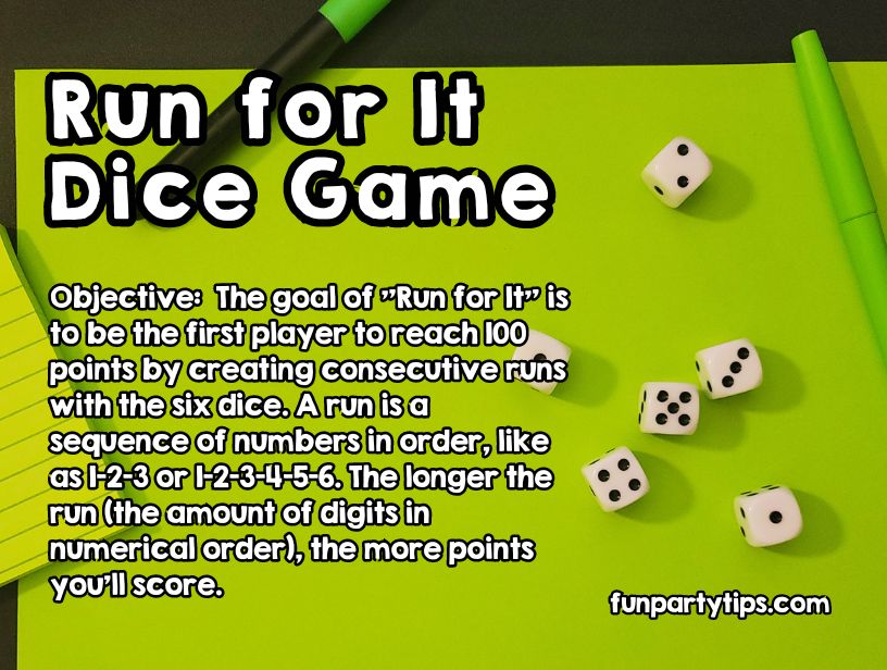 Objective-rules-of-Run-For-It-dice-game-on-green-background-with-dice-and-pens."