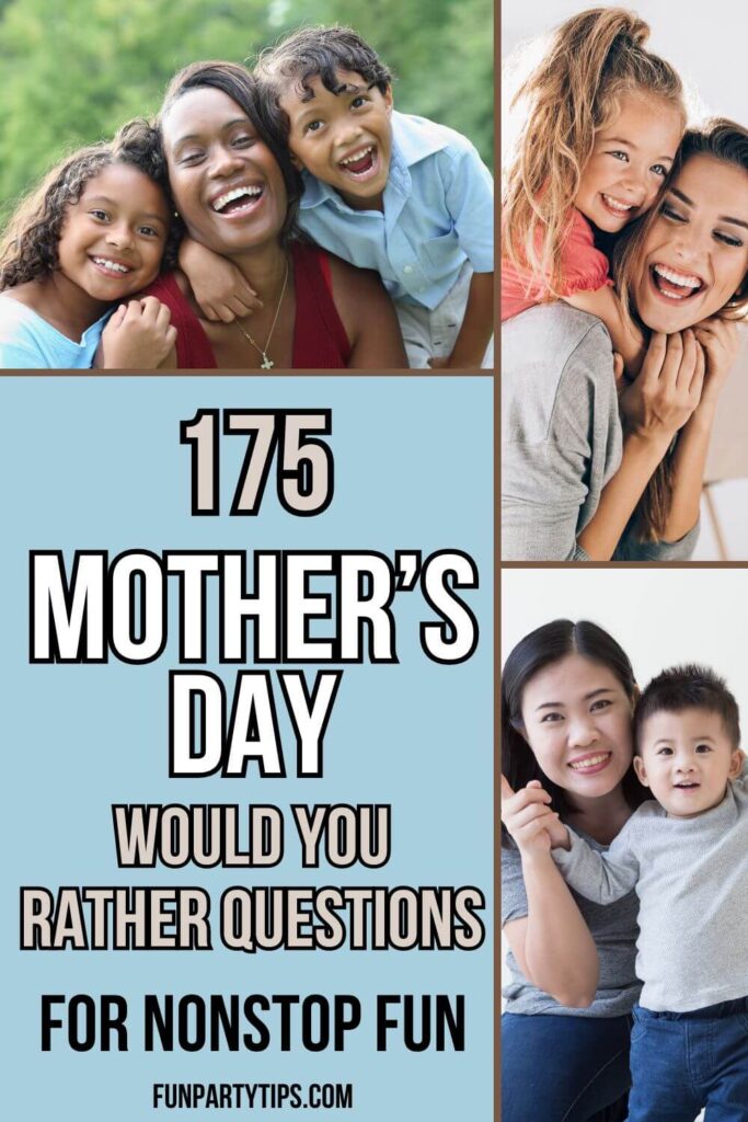 A-happy-mom-is-surrounded-by-her-three-joyful-children-outdoors,-while-the-second-image-shows-a-mom-hugging-her-child-with-pure-joy,-both-illustrating-the-fun-of-175-Mother's-Day-would-you-rather-questions-for-nonstop-fun