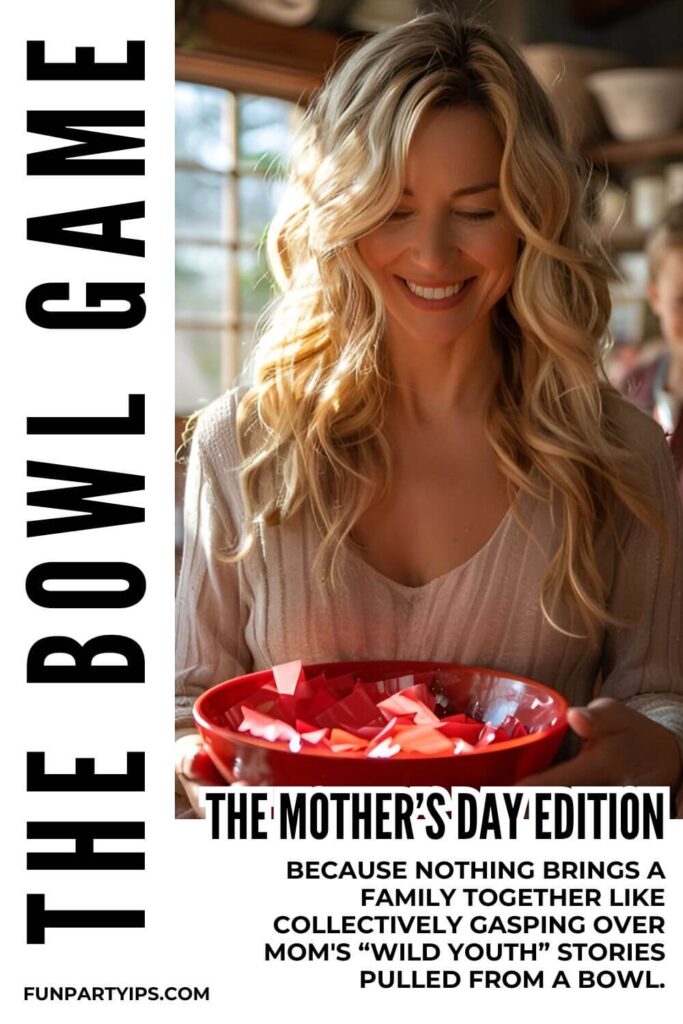 Cheerful-woman-holding-red-bowl-with-papers-for-The-Bowl-Game:-Mother’s-Day-Edition,-with-text-about-family-stories.