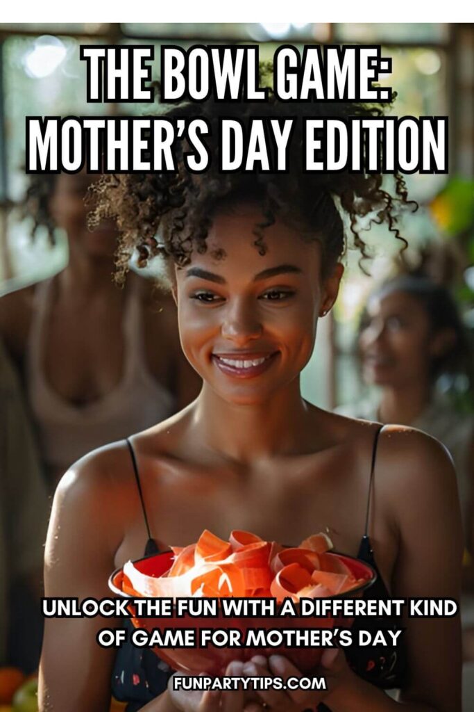 Smiling-woman-holding-an-orange-bowl-filled-with-papers,-promoting-The-Bowl-Game:-Mother’s-Day-Edition,-with-lush-background.