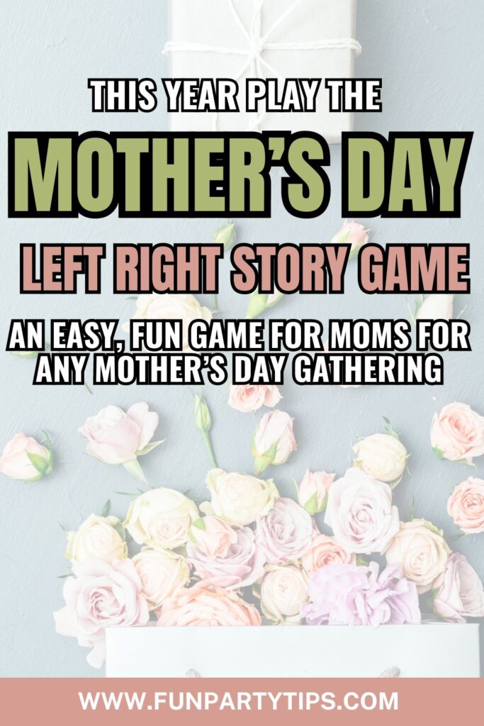 A soft-blue-background-showcases-an-array-of-pale-pink-and-white-roses-with-a-white-gift-tied-with-a-satin-ribbon,-promoting-the-Mother's-Day-left-right-story-game,-a-simple-and-fun-activity-for-any-Mother's-Day-celebration