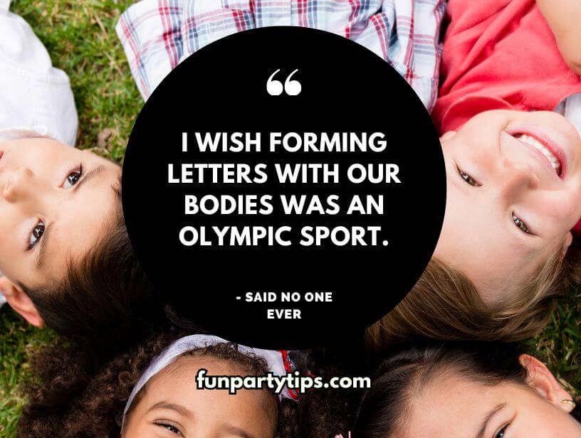 Three-kids-lying-on-grass-forming-letters-with-their-bodies-joking-about-an-Olympic-sport-for-minute-to-win-it-games-without-supplies