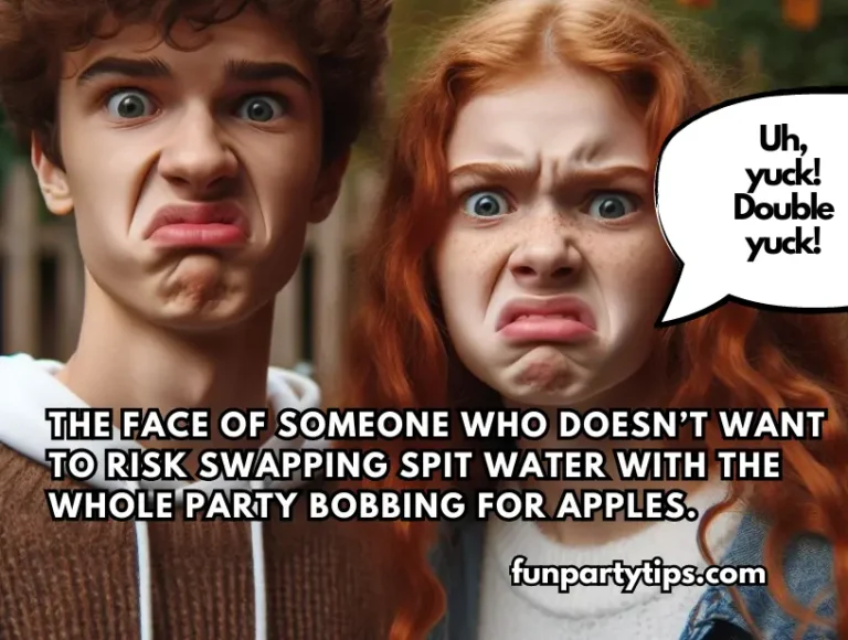 A-boy-and-girl-making-faces-of-disgust,-with-a-quote-about-avoiding-swapping-spit,-implying-that-they-want-an-alternative-to-bobbing-for-apples.