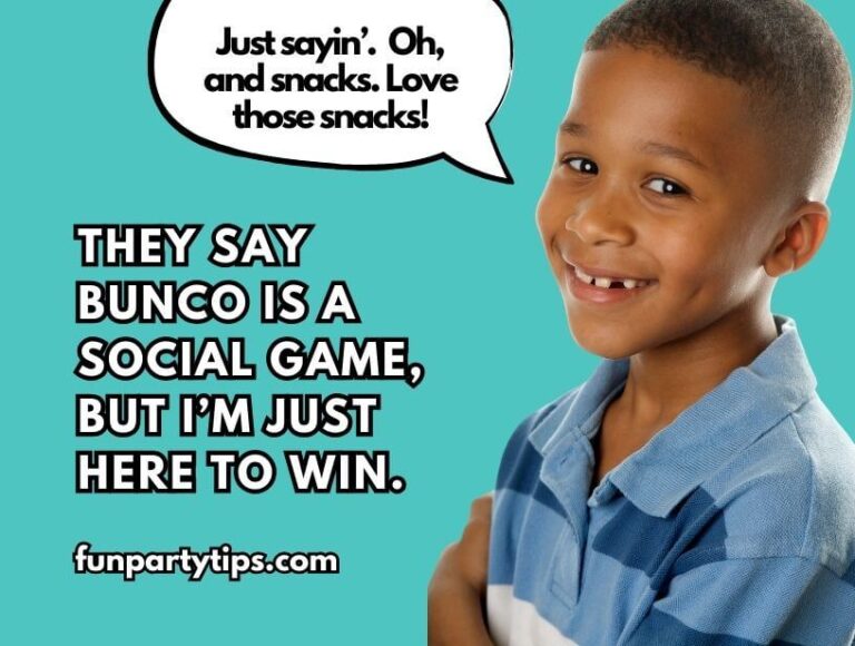 A-smiling-boy-with-a-speech-bubble-saying-he's-here-to-win-not-just-socialize-at-a-bunco-dice-game-while-also-mentioning-his-love-for-snacks.