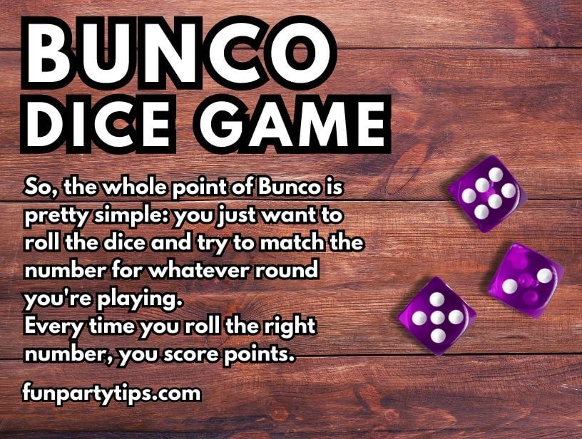 An-overview-of-purple-dice-on-a-wooden-surface-with-text-explaining-the-basics-of-the-bunco-dice-game-where-players-try-to-roll-dice-matching-the-current-round-number-for-points.