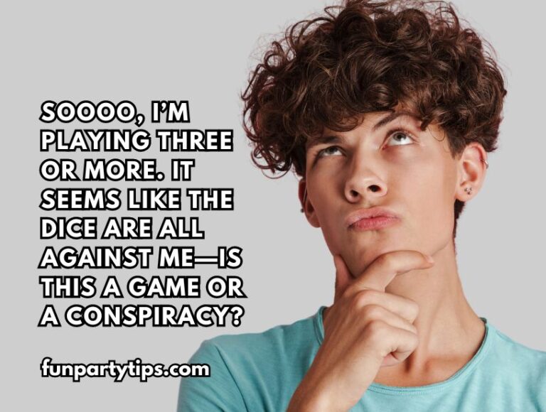 A-teen-thinking-quizzically-with-a-caption-about-the-dice-being-against-him-in-Three-or-More-dice-game,-humorously-questioning-if-it's-a-game-or-conspiracy.