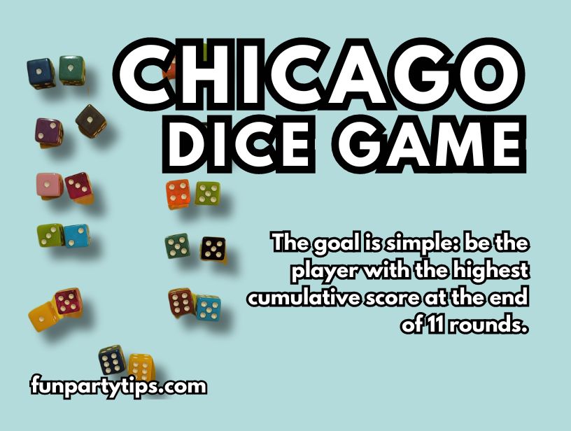 A-collage-of-colorful-dice-scattered-on-a-blue-background-with-the-bold-text-"CHICAGO-DICE-GAME"-and-the-tagline-"The-goal-is-simple:-be-the-player-with-the-highest-cumulative-score-at-the-end-of-11-rounds."