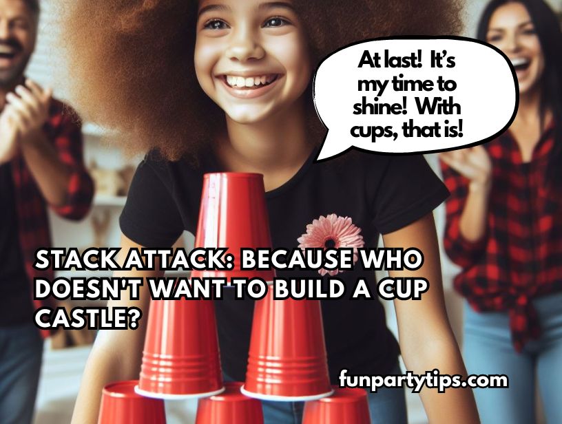 A-young-girl-holding-red-cups-with-a-caption-about-building-a-cup-castle-in-dollar-store-minute-to-win-it-games.
