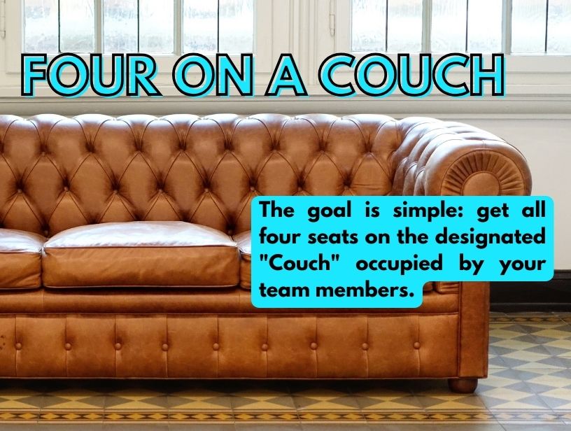 An-empty-brown-leather-couch-with-a-caption-explaining-the-goal-of-the-game-"Four-on-a-couch,"-to-have-all-four-seats-taken-by-team-members.