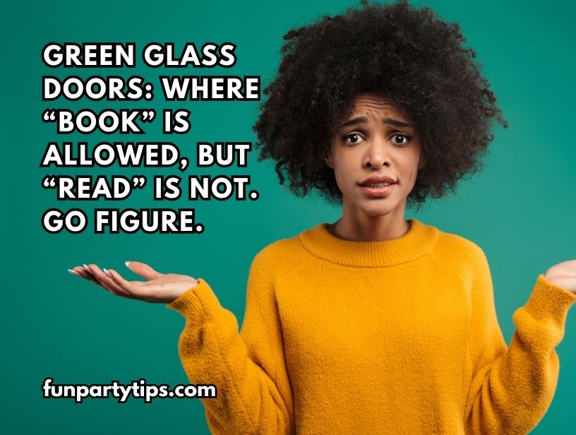 A-smiling-woman-with-curly-hair-on-a-teal-background-next-to-a-quote-about-the-humorous-wordplay-in-the-Green-Glass-Doors-game.