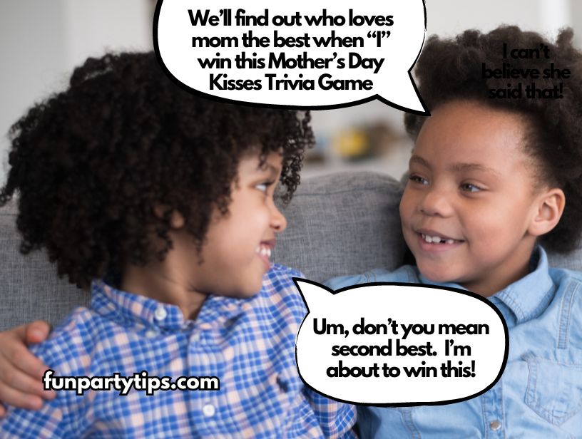 Two-children-engaged-in-playful-banter-over-a-Mother's-Day-trivia-game-with-comic-style-speech-bubbles.