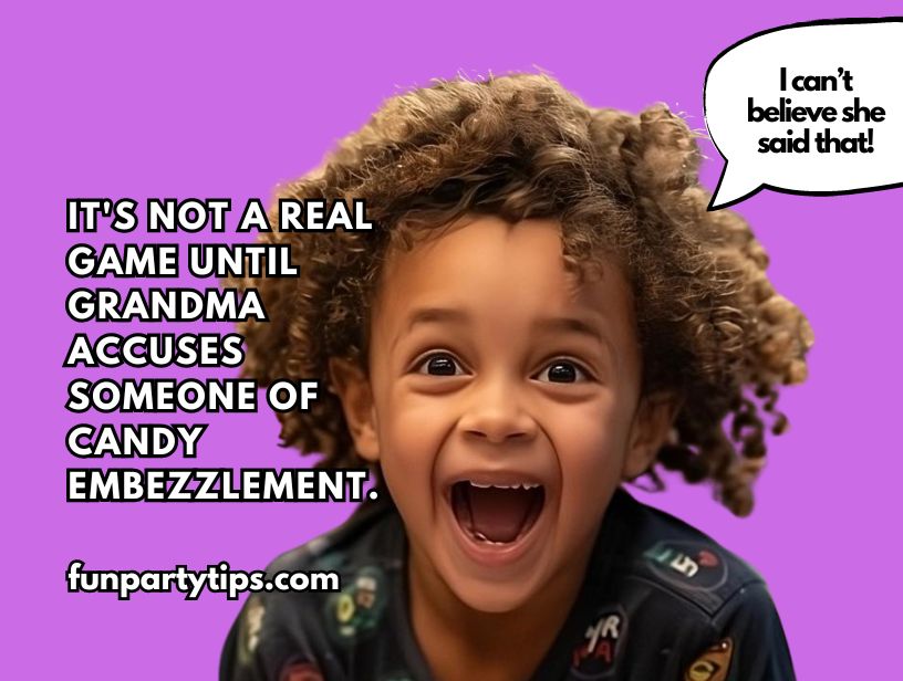 A-laughing-child-with-a-speech-bubble-exclaiming-shock-at-a-claim-of-candy-embezzlement,-implying-a-chaotic-Mother's-Day-candy-dice-game.
