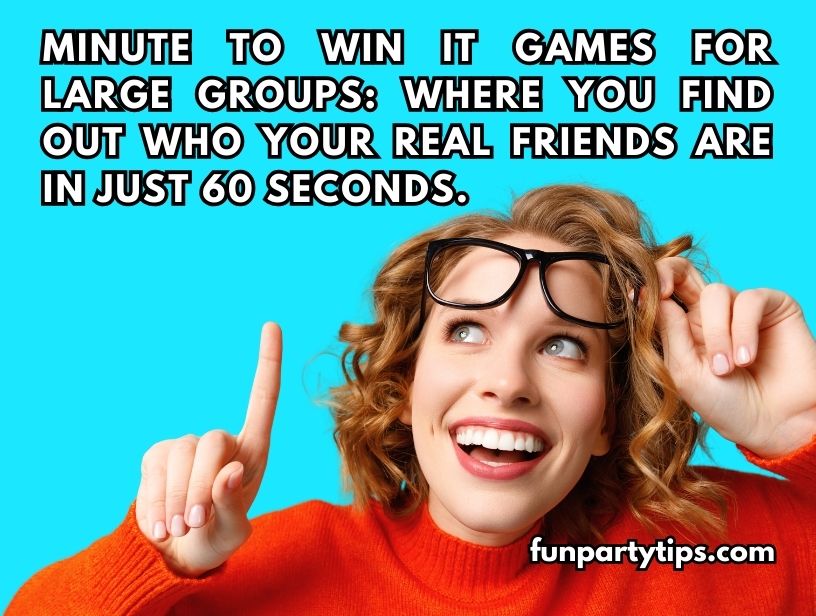 A-woman-looking-up-thoughtfully-with-a-finger-raised,-signaling-the-strategic-thinking-involved-in-large-group-minute-to-win-it-games.