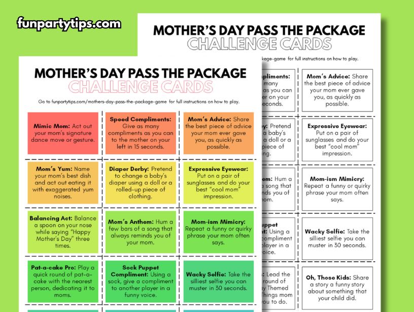 An-image-displaying-colorful-Mother's-Day-Pass-the-Package-challenge-cards-with-various-fun-activities-such-as-'Mimic-Mom,'-'Speed-Compliments,'-and-'Wacky-Selfie,'-all-set-against-a-bright-and-engaging-background