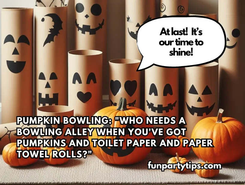 A-fun-representation-of-pumpkin-bowling-with-paper-towel-rolls-and-a-caption-suggesting-a-creative-twist-on-Halloween-minute-to-win-it-games.