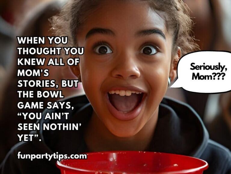 Excited-young-girl-with-wide-eyes-and-open-mouth-holding-a-red-bowl,-speech-bubble-from-Mother’s-Day-Bowl-Game-saying-“Seriously,-Mom???”