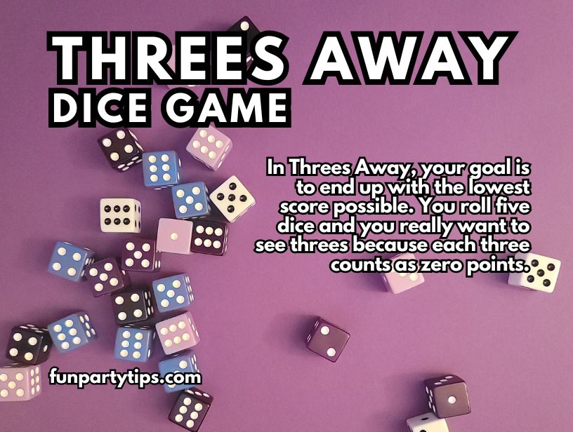 Colorful-dice-scattered-around-with-text-explaining-the-objective-of-the-Threes-Away-dice-game-to-roll-threes-which-are-worth-zero-points.