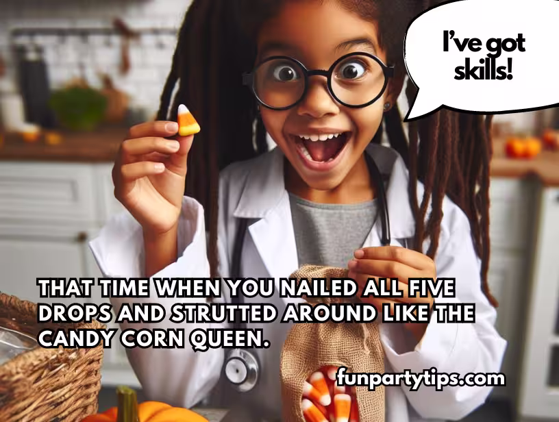 A-young-girl-in-a-lab-coat-holds-a-piece-of-candy-corn,-smiling-proudly-as-she-celebrates-her-success-in-the-candy-corn-drop-game.