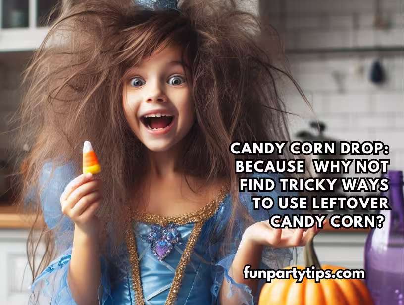 An-excited-young-girl-in-a-princess-costume-holds-a-piece-of-candy-corn,-her-hair-wild-and-eyes-wide,-suggesting-a-playful-moment-during-a-candy-corn-drop-game.
