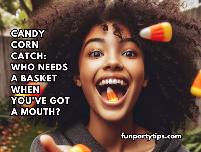 A-young-woman-catches-candy-corn-in-her-mouth,-a-thrilling-Halloween-minute-to-win-it-game-from-the-dollar-store.