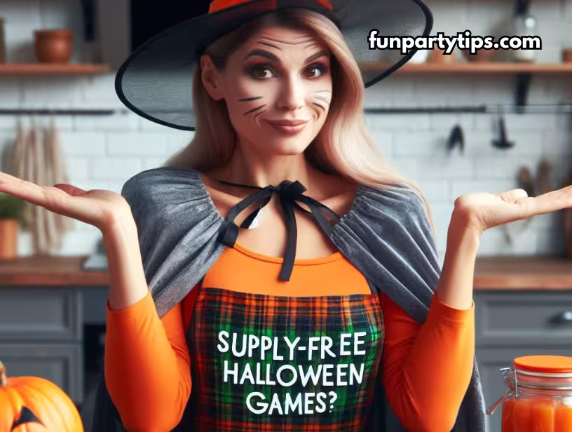 A-woman-dressed-as-a-witch-with-cat-whiskers-on-her-face-holds-her-hands-up-questioningly-promoting-the-fun-of-halloween-games-without-supplies.