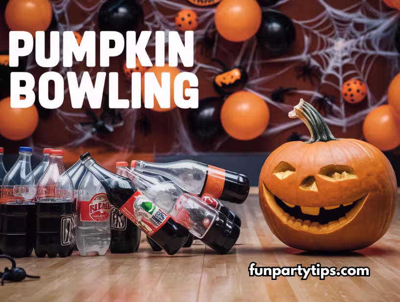 Pumpkin-Bowling-setup-with-a-carved-pumpkin-and-plastic-bottles-used-as-pins,-decorated-with-Halloween-balloons-and-spider-webs,-perfect-for-a-Halloween-game-for-seniors.