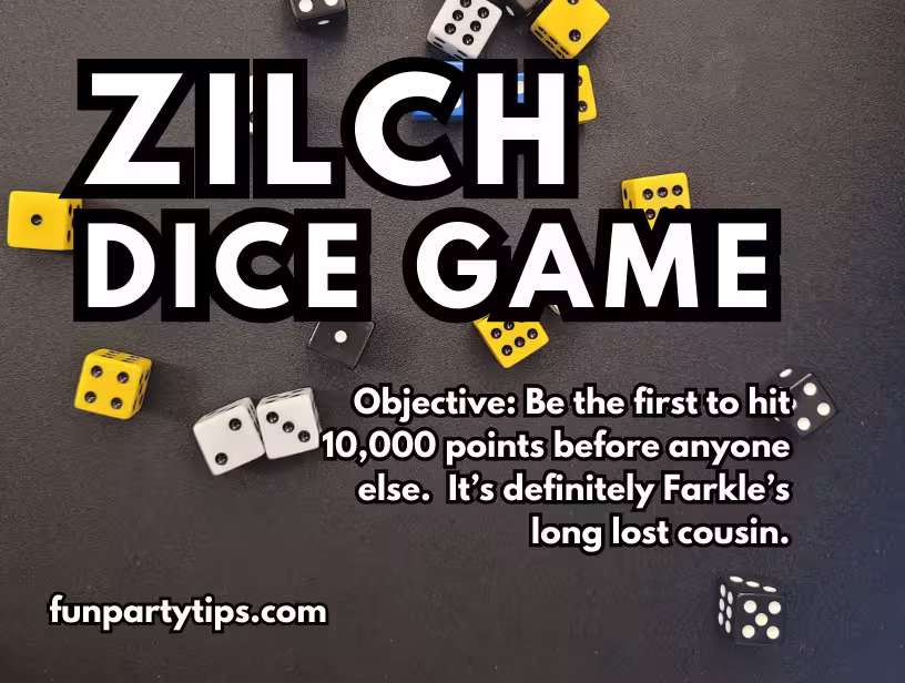 An-overview-of-zilch-dice-game-components-scattered-on-a-grey-background-with-text-explaining-the-objective-and-rules,-highlighting-its-similarities-to-the-game-Farkle,-providing-a-clear-introduction-to-new-players.