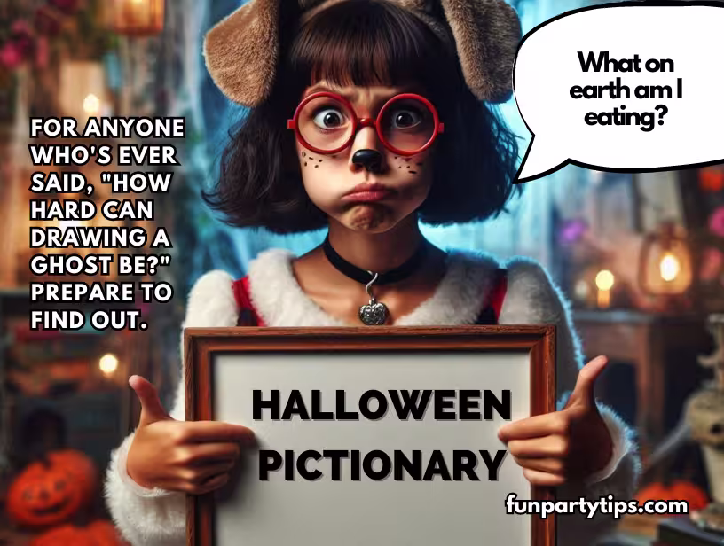 A-girl-dressed-as-a-dog-holding-a-sign-for-Halloween-Pictionary,-her-surprised-face-suggesting-a-challenging-yet-fun-Halloween-game-for-teens-and-tweens.