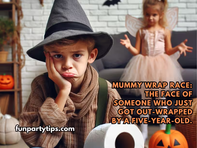 A-young-boy-in-a-witch-costume-looking-sad-after-being-out-wrapped-in-the-mummy-wrap-race,-with-a-young-girl-dressed-as-a-princess-smiling-behind-him.
