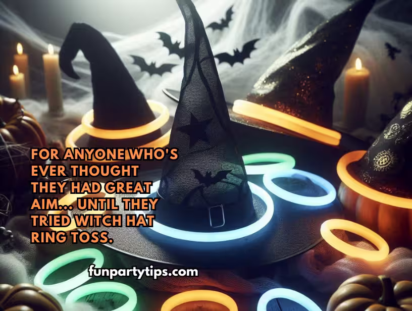 A-Halloween-witch-hat-ring-toss-setup-with-glowing-rings,-a-fantastic-skill-game-for-Halloween-parties-for-teens-and-tweens.