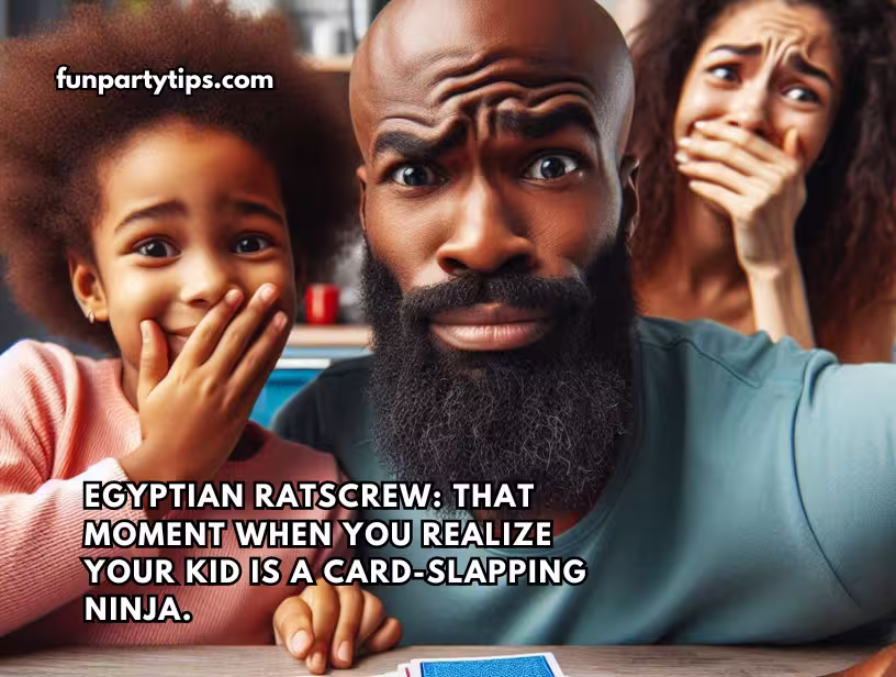 A-family-reacts-with-surprise-to-their-child's-skill-at-the-Egyptian-Rat-Screw-card-game,-humorously-captioned-about-a-"card-slapping-ninja"